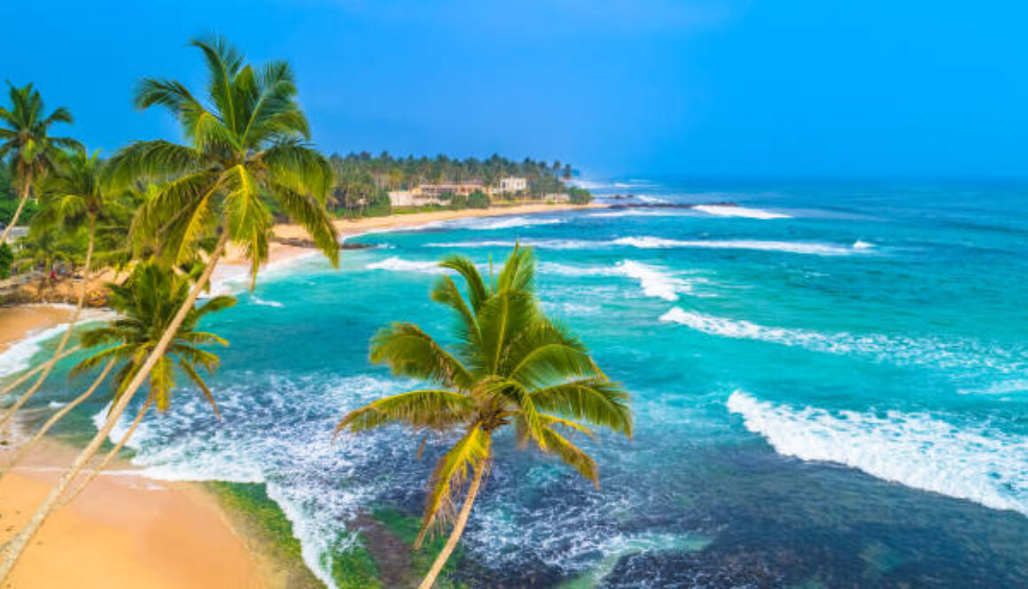 Aerial. Beach view in Unawatuna, Sri Lanka.